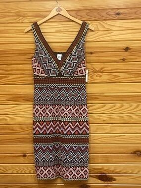 Anthropologie V-Neck Midi Dress in Pink and Brown Geometric